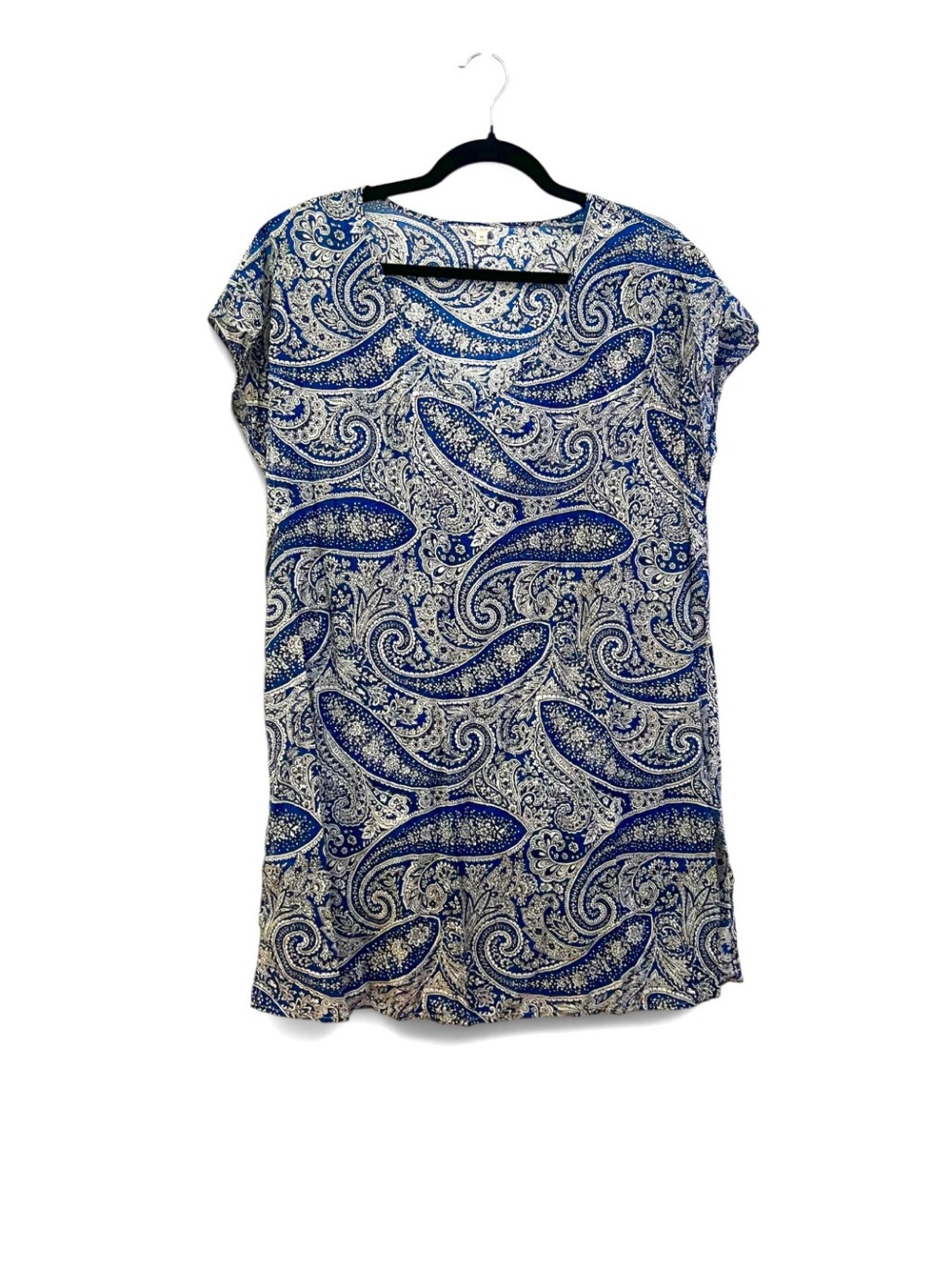 J.Crew V-Neck Blue & White Lightweight Paisley Cap-Sleeve Mini Dress Tunic Top M